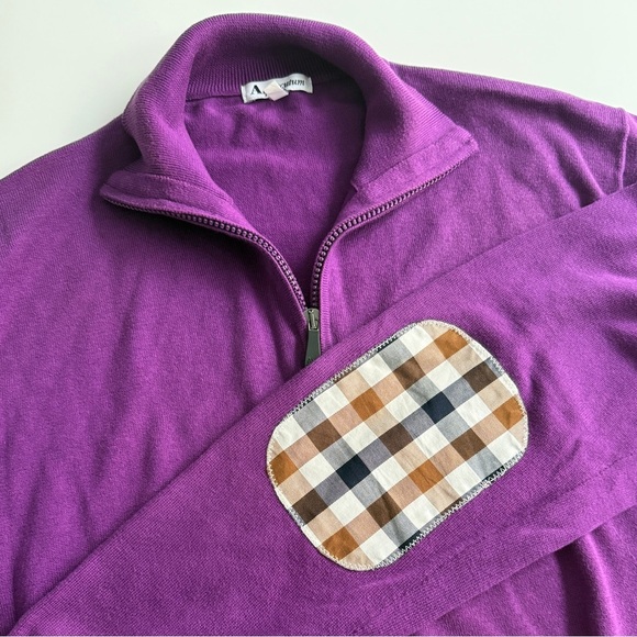 Aquascutum 1/4 Zip Sweater Large L 100% Cotton Check Elbow Patches